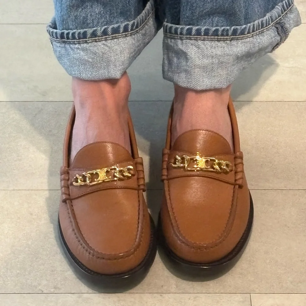 CELINE - Leather Loafers with Gold Chain. AVAIL